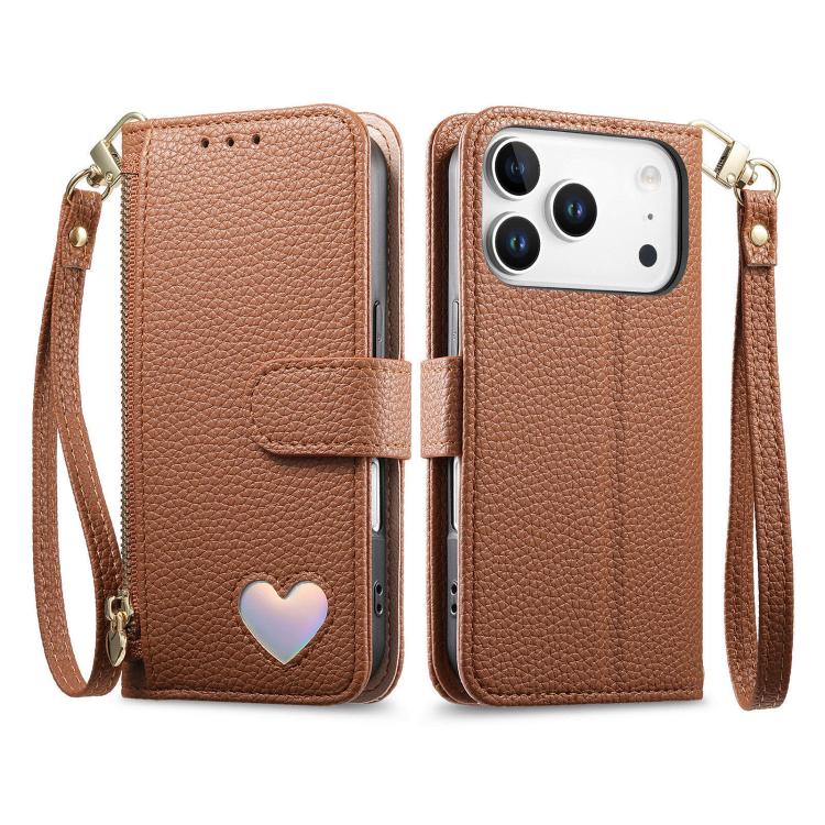 For iPhone 17 Pro Fantasy Love Heart Zipper Wallet Vegan Leather Phone Case with Strap