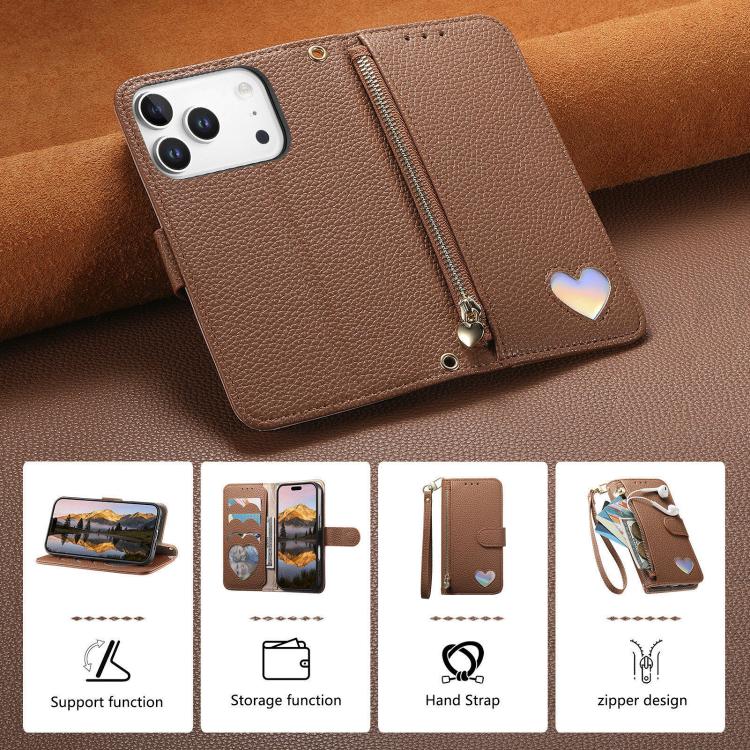 For iPhone 17 Pro Fantasy Love Heart Zipper Wallet Vegan Leather Phone Case with Strap
