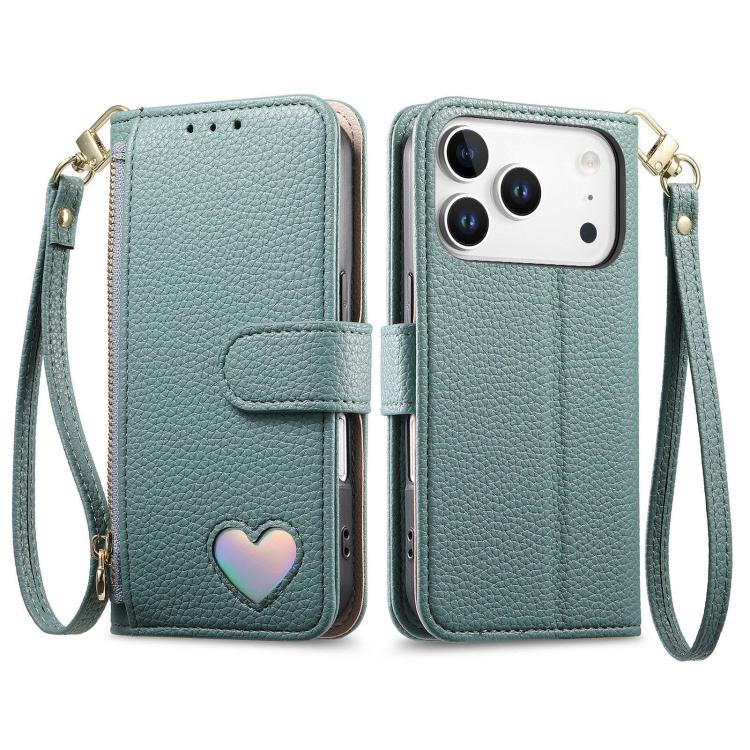 For iPhone 17 Pro Fantasy Love Heart Zipper Wallet Vegan Leather Phone Case with Strap