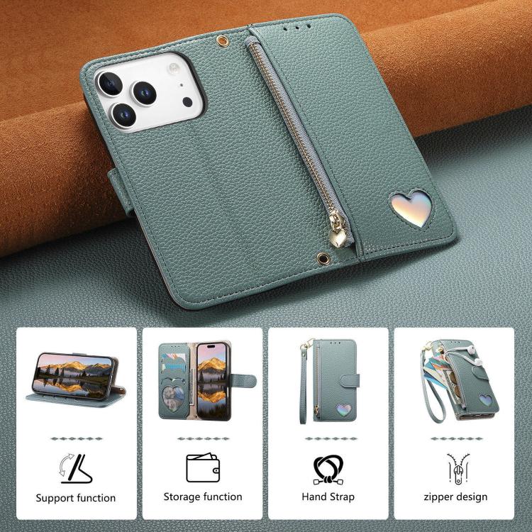 For iPhone 17 Pro Fantasy Love Heart Zipper Wallet Vegan Leather Phone Case with Strap