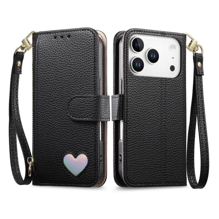 For iPhone 17 Pro Fantasy Love Heart Zipper Wallet Vegan Leather Phone Case with Strap