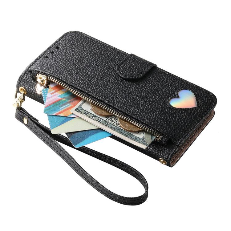 For iPhone 17 Pro Fantasy Love Heart Zipper Wallet Vegan Leather Phone Case with Strap