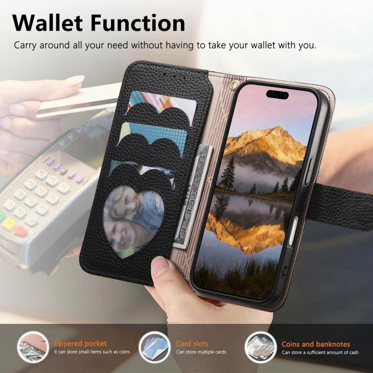 For iPhone 17 Pro Fantasy Love Heart Zipper Wallet Vegan Leather Phone Case with Strap