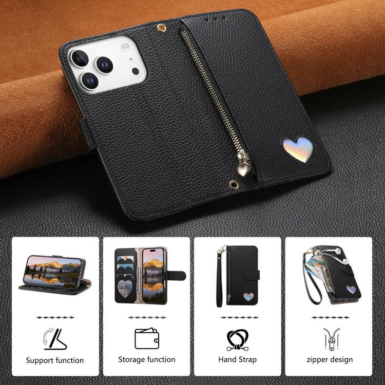 For iPhone 17 Pro Fantasy Love Heart Zipper Wallet Vegan Leather Phone Case with Strap