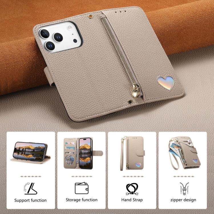 For iPhone 17 Pro Fantasy Love Heart Zipper Wallet Vegan Leather Phone Case with Strap