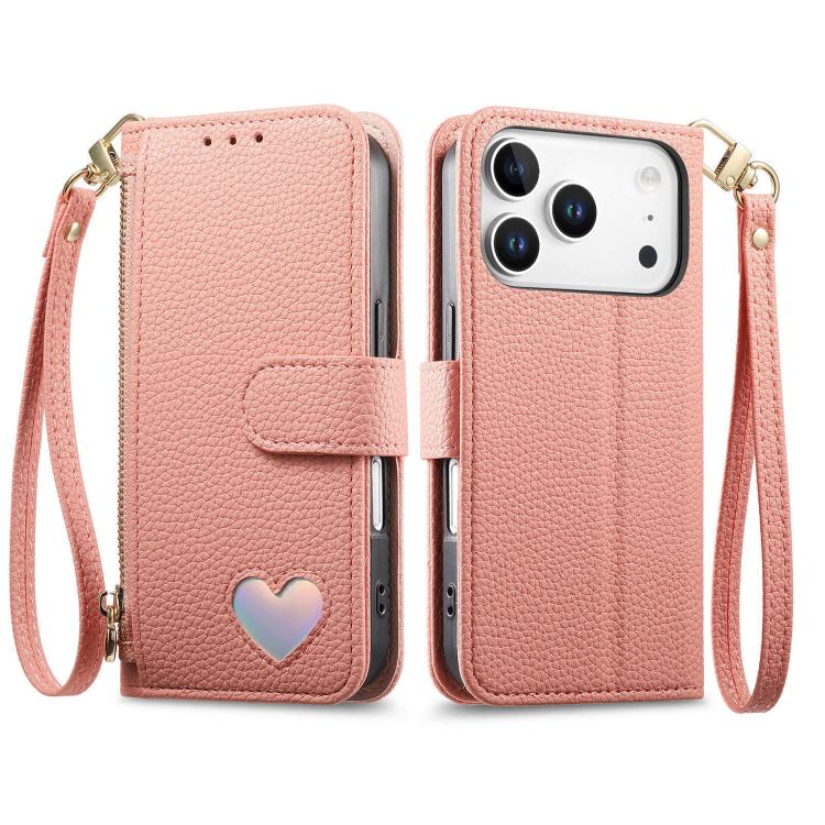 For iPhone 17 Pro Fantasy Love Heart Zipper Wallet Vegan Leather Phone Case with Strap