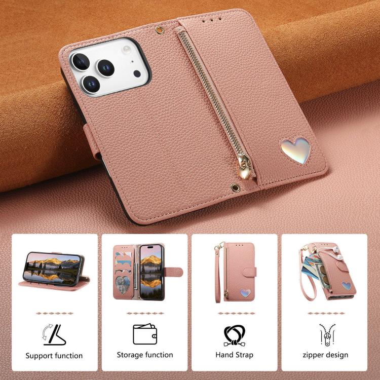 For iPhone 17 Pro Fantasy Love Heart Zipper Wallet Vegan Leather Phone Case with Strap