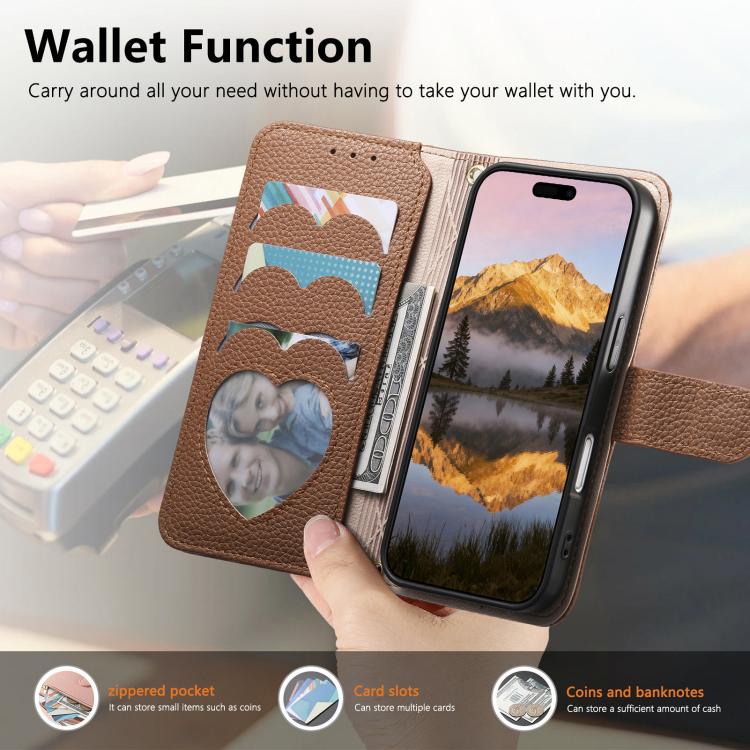 For iPhone 16 Plus Fantasy Love Heart Zipper Wallet Vegan Leather Phone Case with Strap