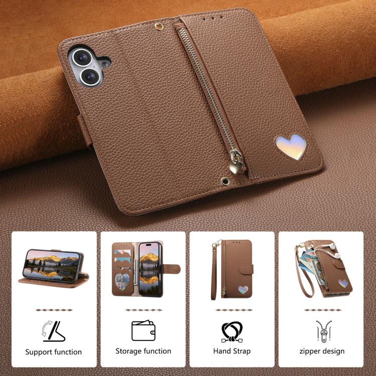 For iPhone 16 Plus Fantasy Love Heart Zipper Wallet Vegan Leather Phone Case with Strap