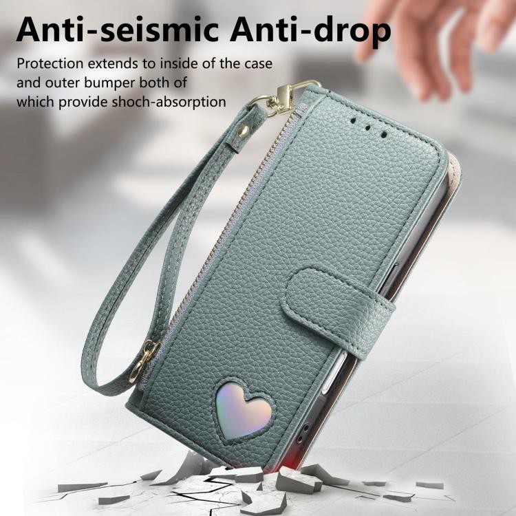 For iPhone 16 Plus Fantasy Love Heart Zipper Wallet Vegan Leather Phone Case with Strap