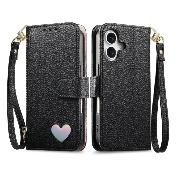 For iPhone 16 Plus Fantasy Love Heart Zipper Wallet Vegan Leather Phone Case with Strap