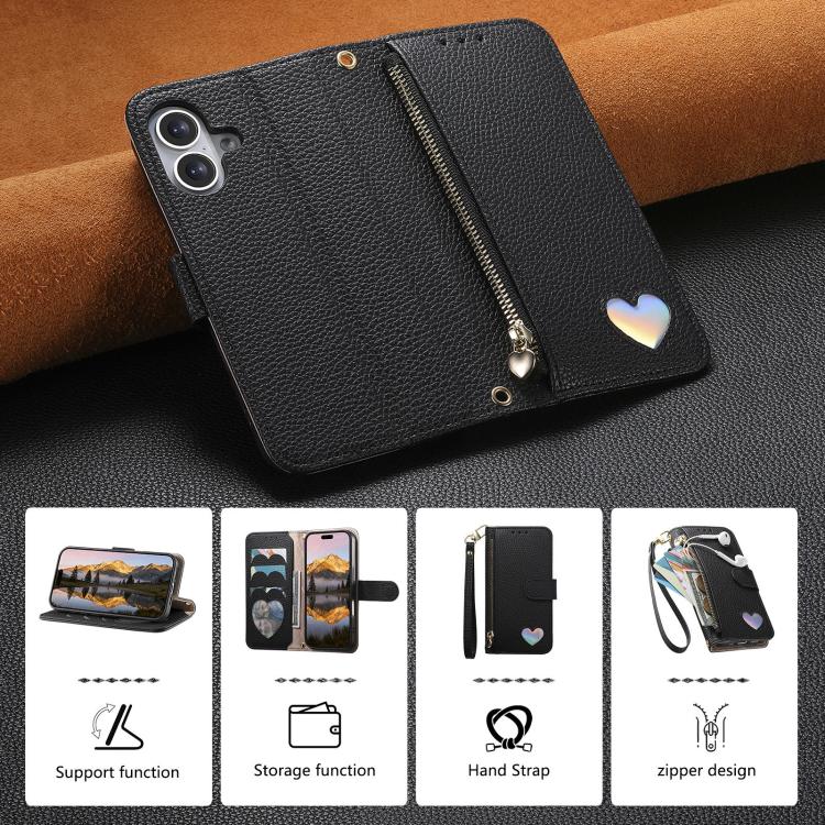 For iPhone 16 Plus Fantasy Love Heart Zipper Wallet Vegan Leather Phone Case with Strap