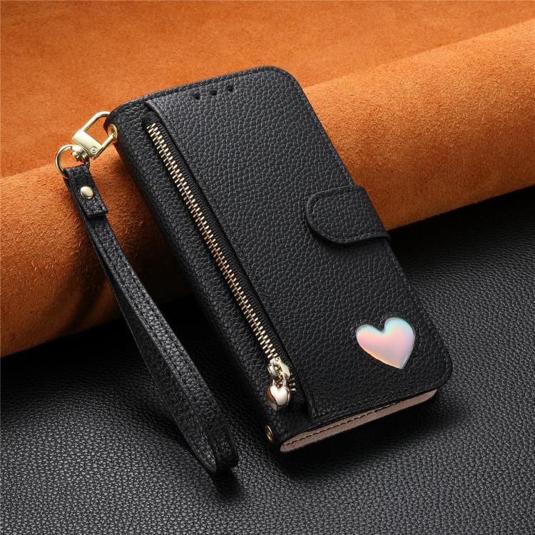 For iPhone 16 Plus Fantasy Love Heart Zipper Wallet Vegan Leather Phone Case with Strap