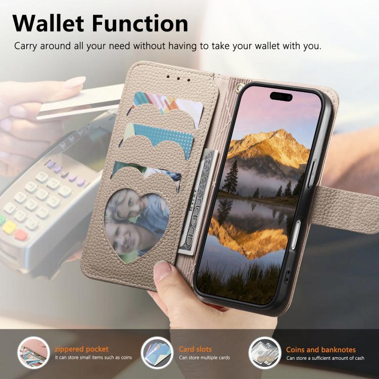 For iPhone 16 Plus Fantasy Love Heart Zipper Wallet Vegan Leather Phone Case with Strap