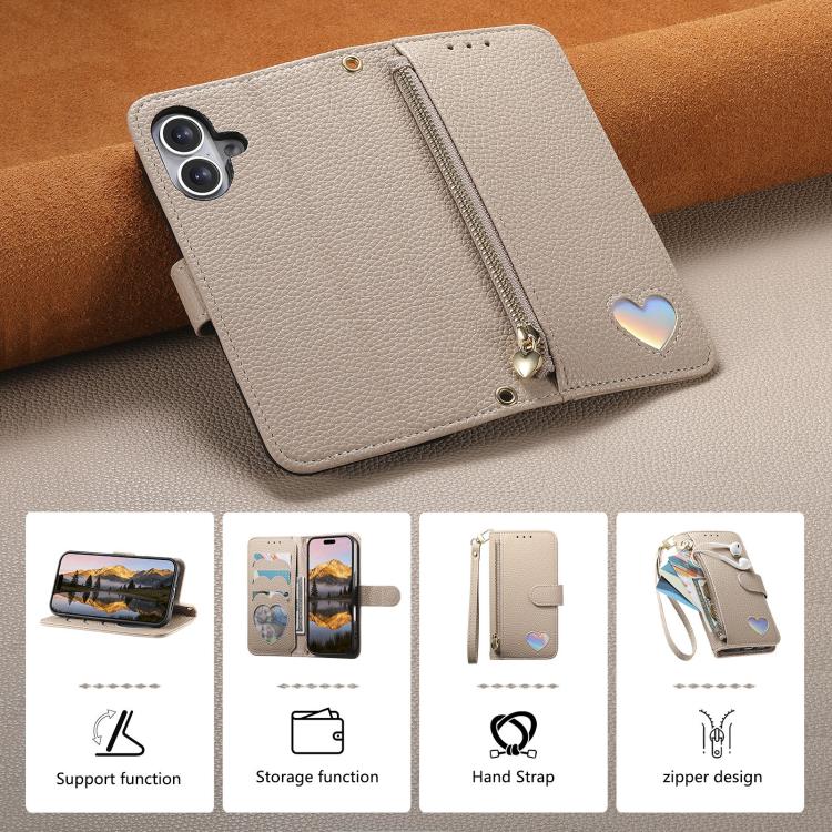 For iPhone 16 Plus Fantasy Love Heart Zipper Wallet Vegan Leather Phone Case with Strap