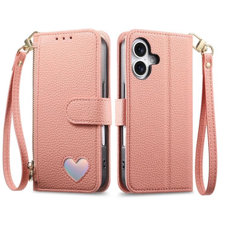 For iPhone 16 Plus Fantasy Love Heart Zipper Wallet Vegan Leather Phone Case with Strap