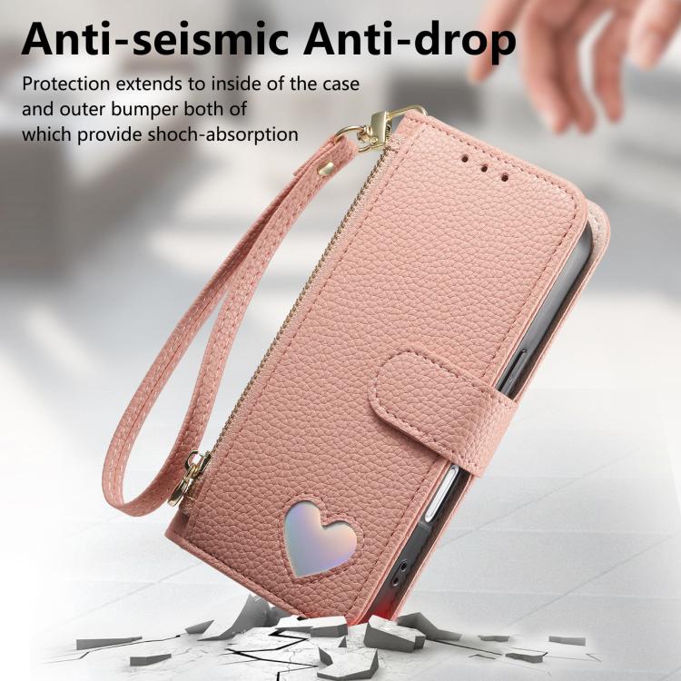 For iPhone 16 Plus Fantasy Love Heart Zipper Wallet Vegan Leather Phone Case with Strap