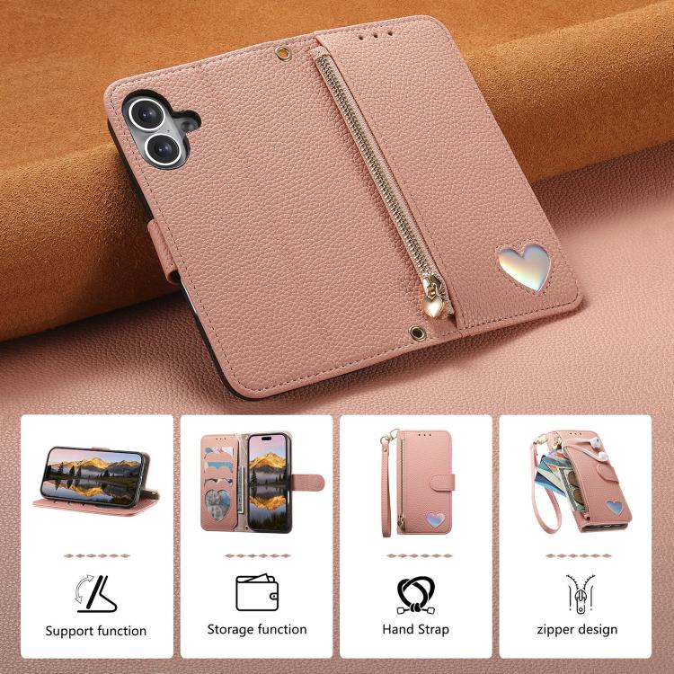 For iPhone 16 Plus Fantasy Love Heart Zipper Wallet Vegan Leather Phone Case with Strap