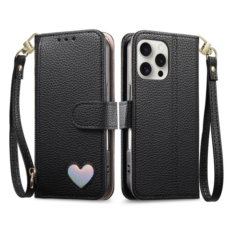 For iPhone 16 Pro Fantasy Love Heart Zipper Wallet Vegan Leather Phone Case with Strap