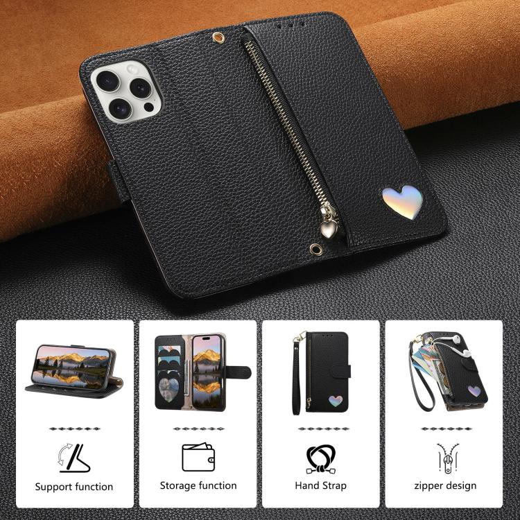 For iPhone 16 Pro Fantasy Love Heart Zipper Wallet Vegan Leather Phone Case with Strap