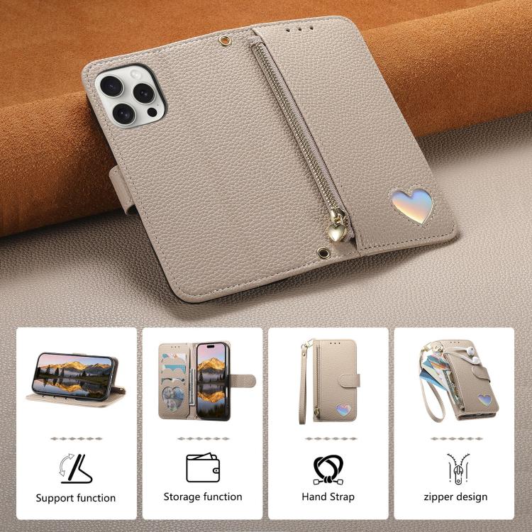 For iPhone 16 Pro Max Fantasy Love Heart Zipper Wallet Vegan Leather Phone Case with Strap