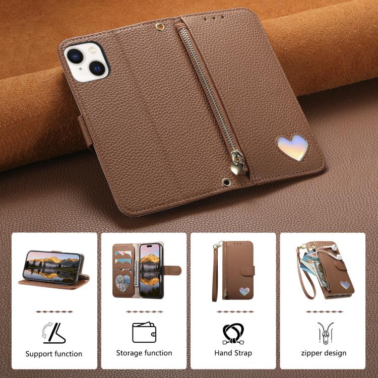 For iPhone 15 Plus Fantasy Love Heart Zipper Wallet Vegan Leather Phone Case with Strap