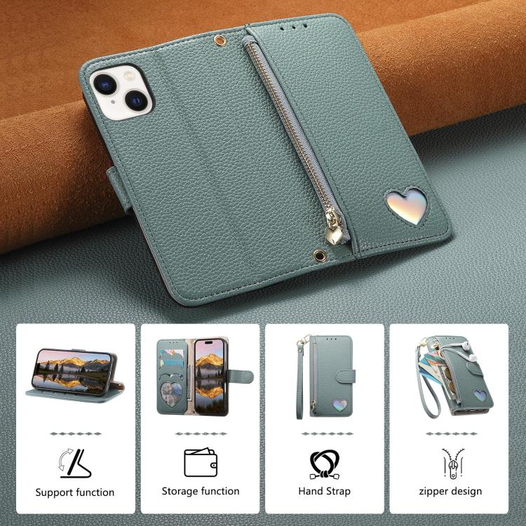 For iPhone 15 Plus Fantasy Love Heart Zipper Wallet Vegan Leather Phone Case with Strap