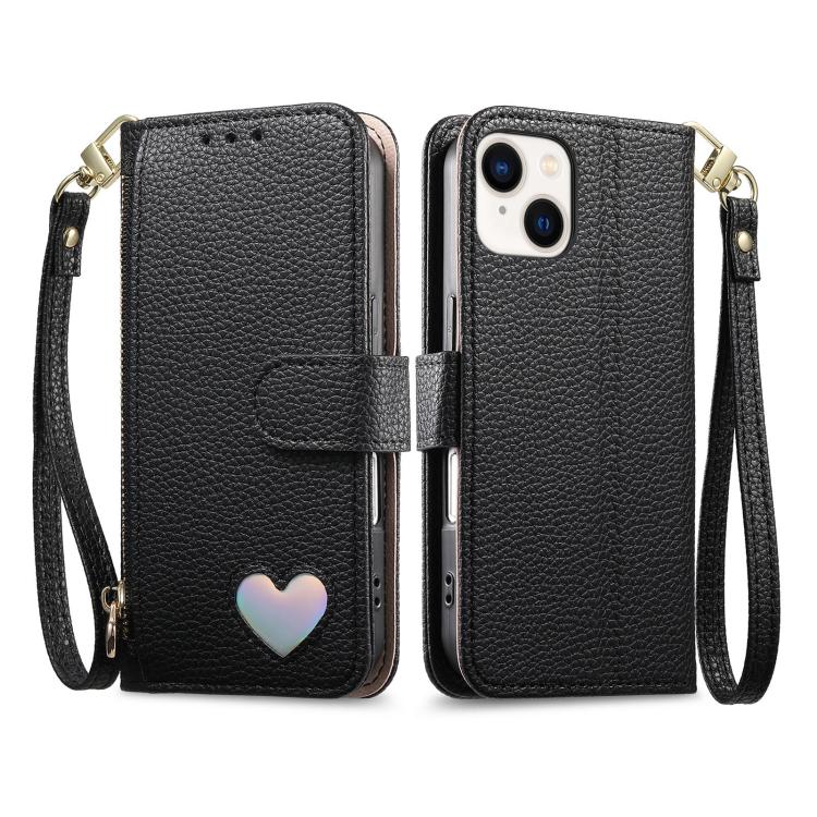 For iPhone 15 Plus Fantasy Love Heart Zipper Wallet Vegan Leather Phone Case with Strap