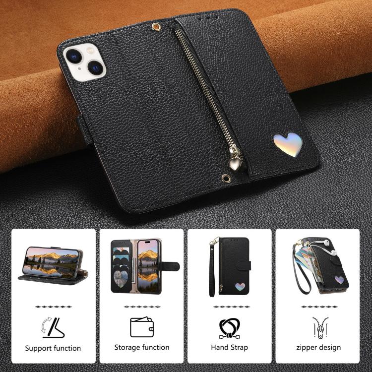 For iPhone 15 Plus Fantasy Love Heart Zipper Wallet Vegan Leather Phone Case with Strap