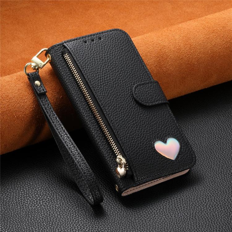 For iPhone 15 Plus Fantasy Love Heart Zipper Wallet Vegan Leather Phone Case with Strap