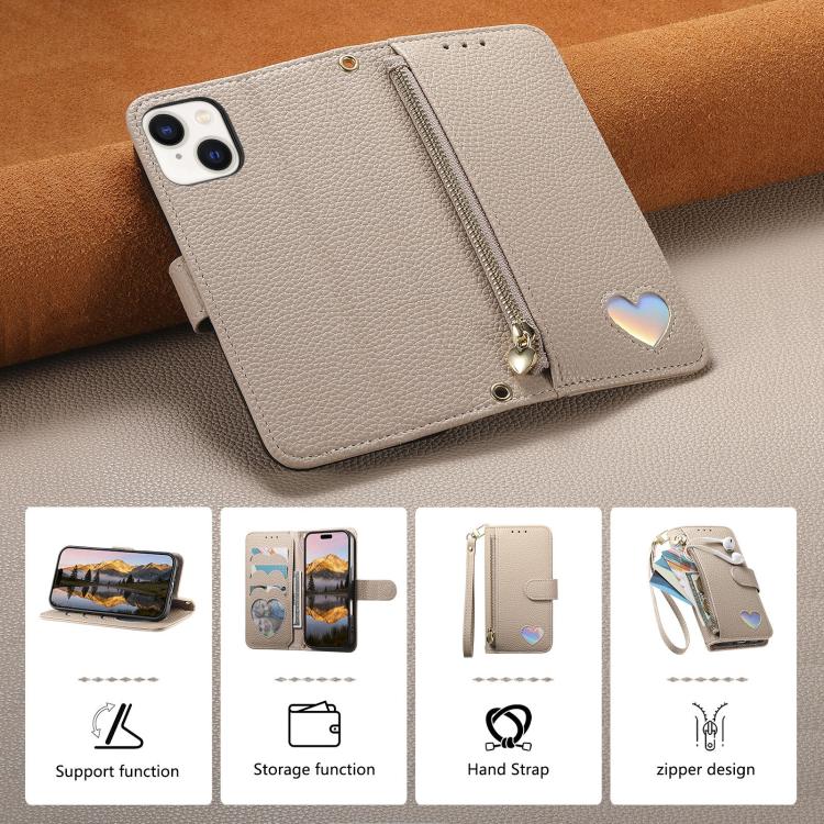 For iPhone 15 Plus Fantasy Love Heart Zipper Wallet Vegan Leather Phone Case with Strap