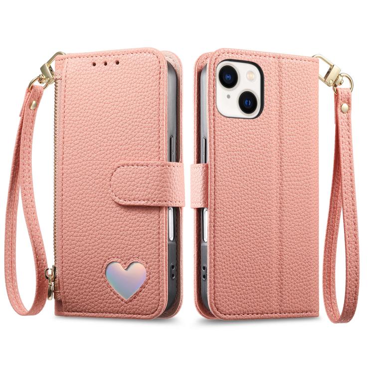 For iPhone 15 Plus Fantasy Love Heart Zipper Wallet Vegan Leather Phone Case with Strap