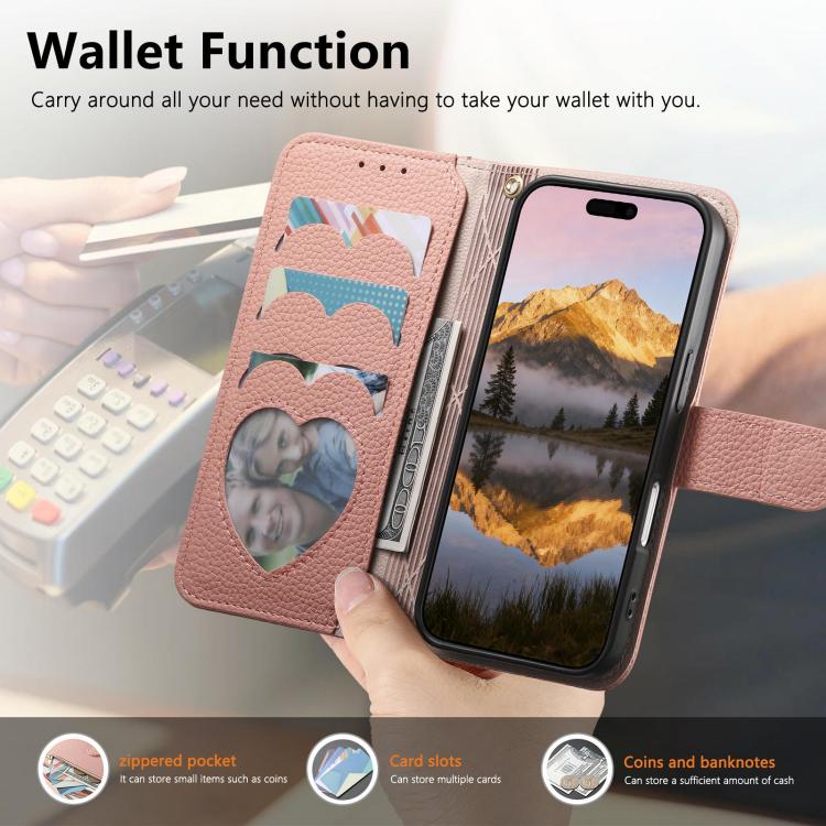 For iPhone 15 Plus Fantasy Love Heart Zipper Wallet Vegan Leather Phone Case with Strap