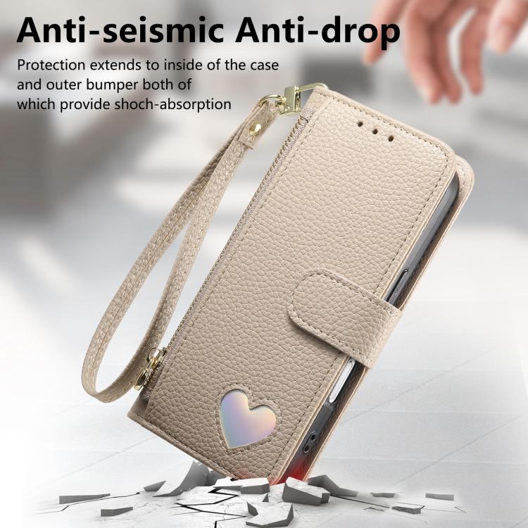 For iPhone 15 Pro Fantasy Love Heart Zipper Wallet Vegan Leather Phone Case with Strap