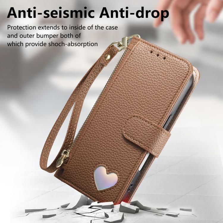 For iPhone 15 Pro Max Fantasy Love Heart Zipper Wallet Vegan Leather Phone Case with Strap