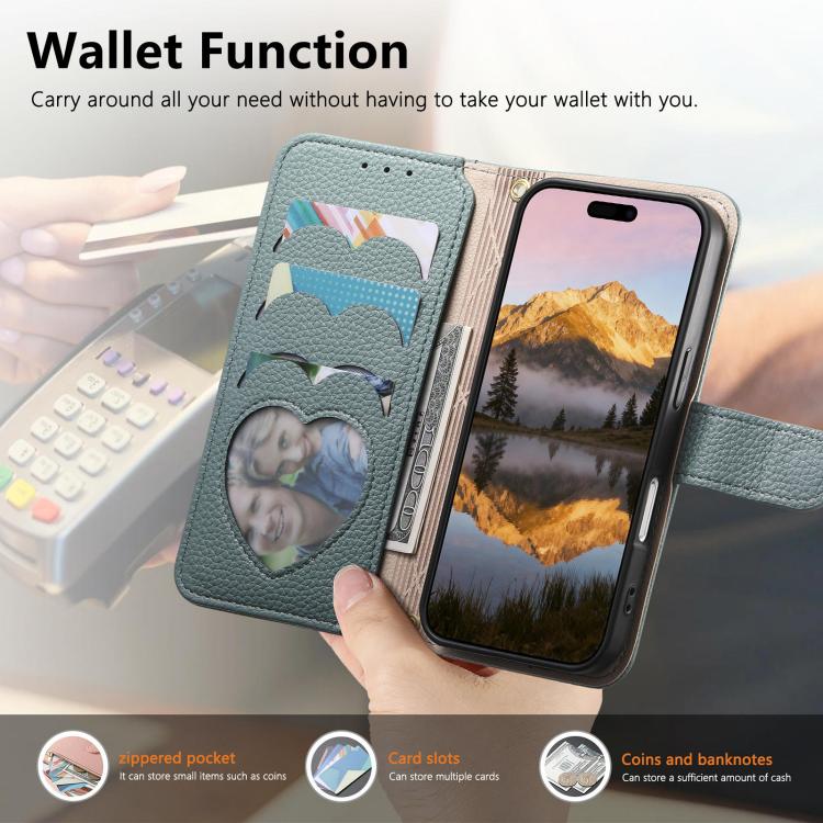 For iPhone 15 Pro Max Fantasy Love Heart Zipper Wallet Vegan Leather Phone Case with Strap