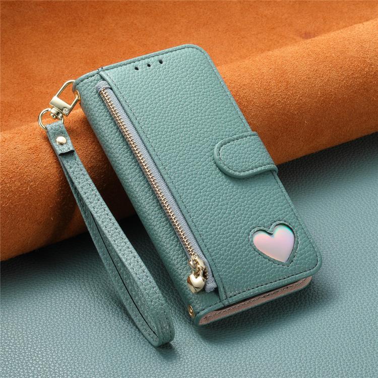 For iPhone 15 Pro Max Fantasy Love Heart Zipper Wallet Vegan Leather Phone Case with Strap