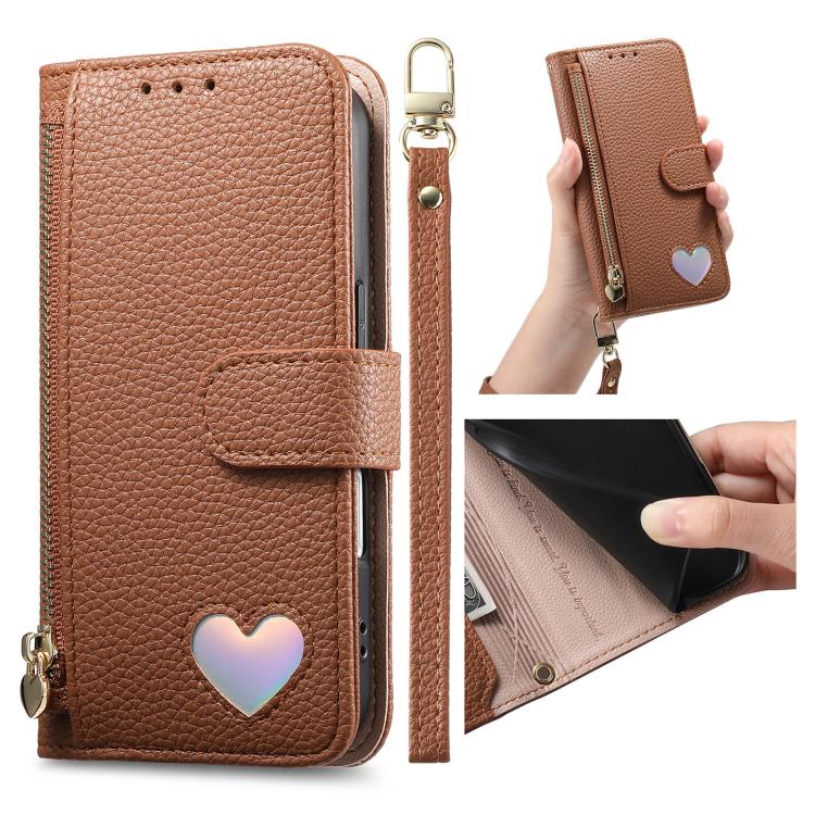 For iPhone 14 Fantasy Love Heart Zipper Wallet Vegan Leather Phone Case with Strap