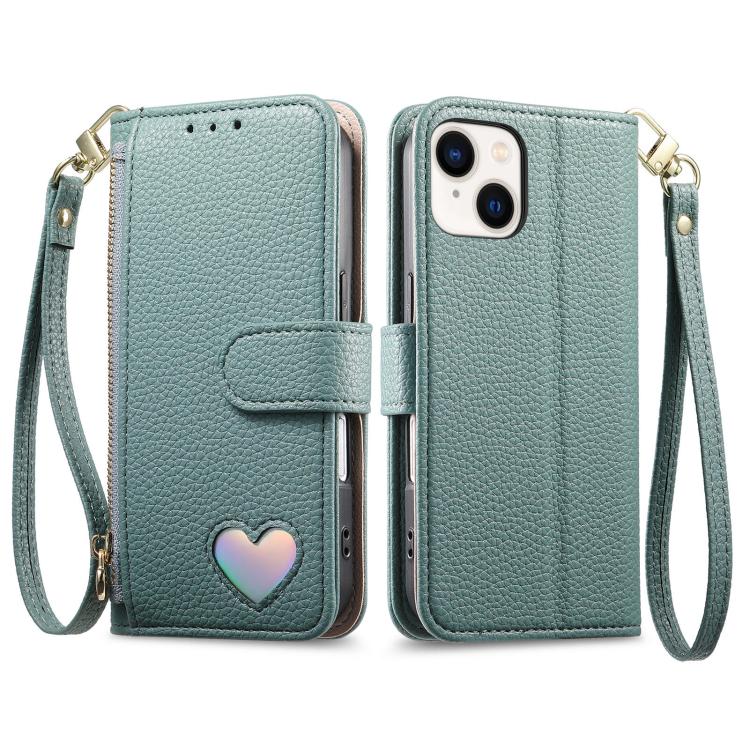 For iPhone 14 Fantasy Love Heart Zipper Wallet Vegan Leather Phone Case with Strap