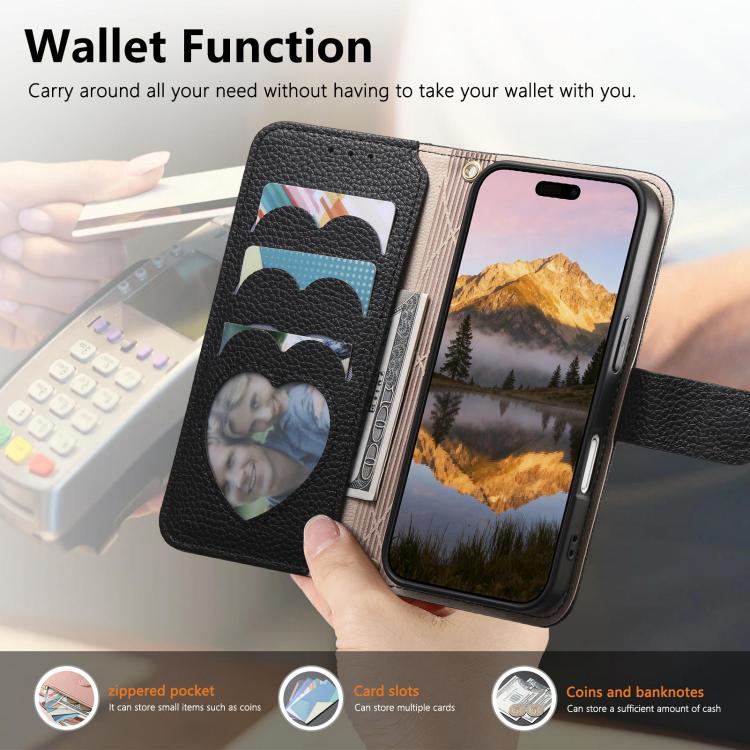 For iPhone 14 Fantasy Love Heart Zipper Wallet Vegan Leather Phone Case with Strap