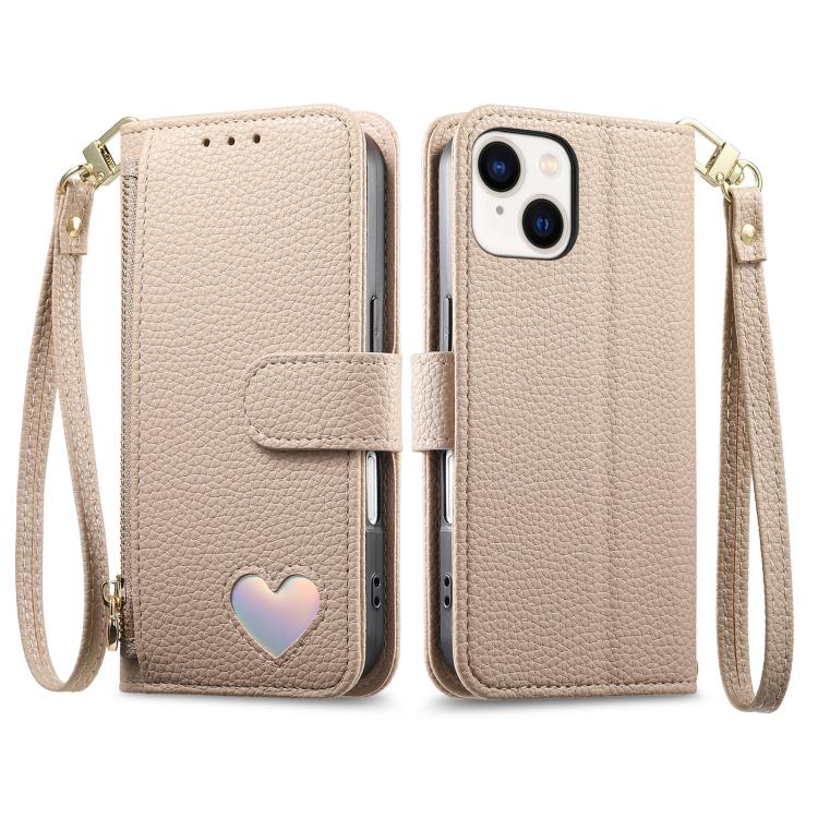 For iPhone 14 Fantasy Love Heart Zipper Wallet Vegan Leather Phone Case with Strap