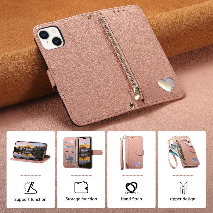 For iPhone 14 Fantasy Love Heart Zipper Wallet Vegan Leather Phone Case with Strap