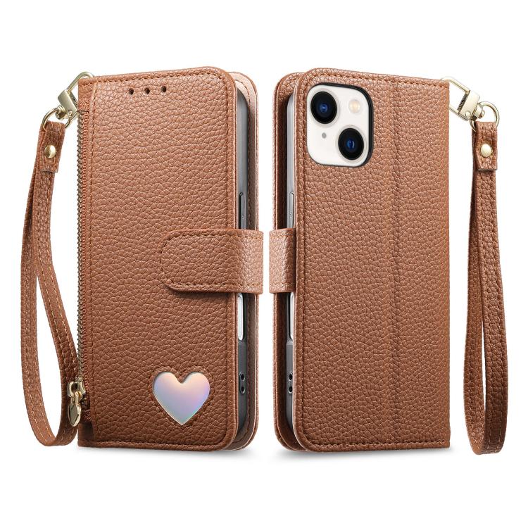 For iPhone 14 Plus Fantasy Love Heart Zipper Wallet Vegan Leather Phone Case with Strap