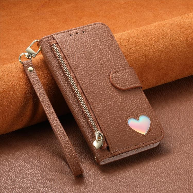 For iPhone 14 Plus Fantasy Love Heart Zipper Wallet Vegan Leather Phone Case with Strap