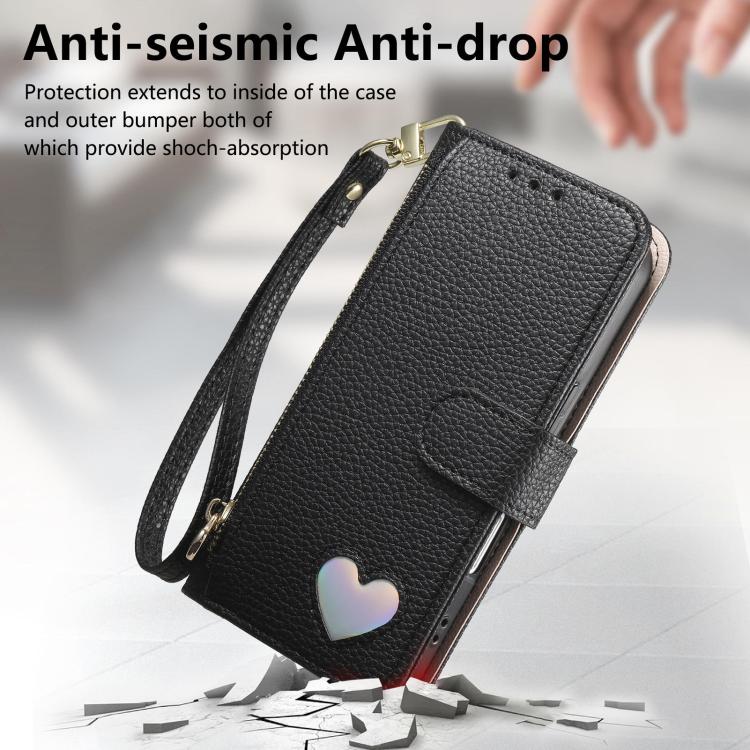 For iPhone 14 Plus Fantasy Love Heart Zipper Wallet Vegan Leather Phone Case with Strap