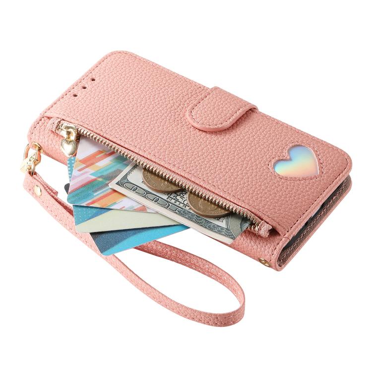 For iPhone 14 Plus Fantasy Love Heart Zipper Wallet Vegan Leather Phone Case with Strap