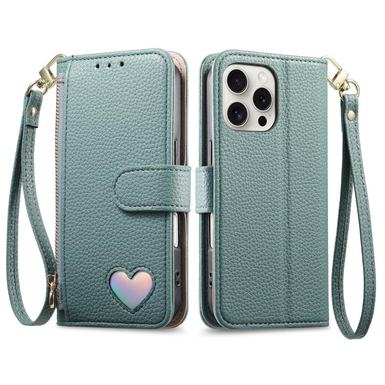 For iPhone 14 Pro Max Fantasy Love Heart Zipper Wallet Vegan Leather Phone Case with Strap