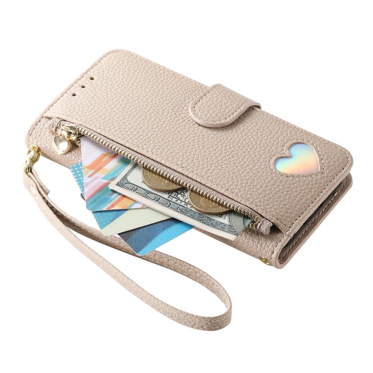 For iPhone 14 Pro Max Fantasy Love Heart Zipper Wallet Vegan Leather Phone Case with Strap