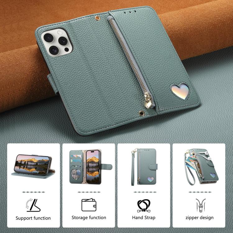 For iPhone 13 Pro Fantasy Love Heart Zipper Wallet Vegan Leather Phone Case with Strap