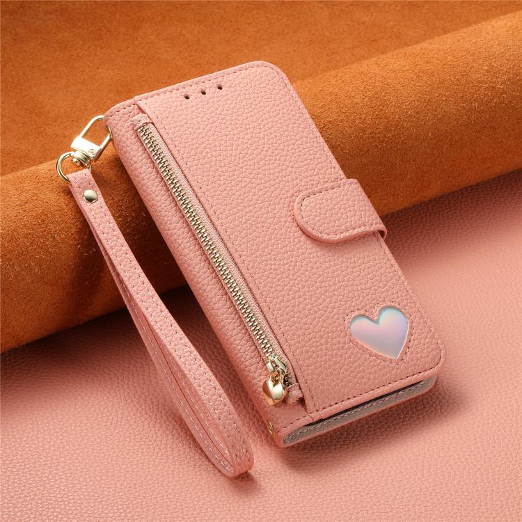 For iPhone 13 Pro Fantasy Love Heart Zipper Wallet Vegan Leather Phone Case with Strap